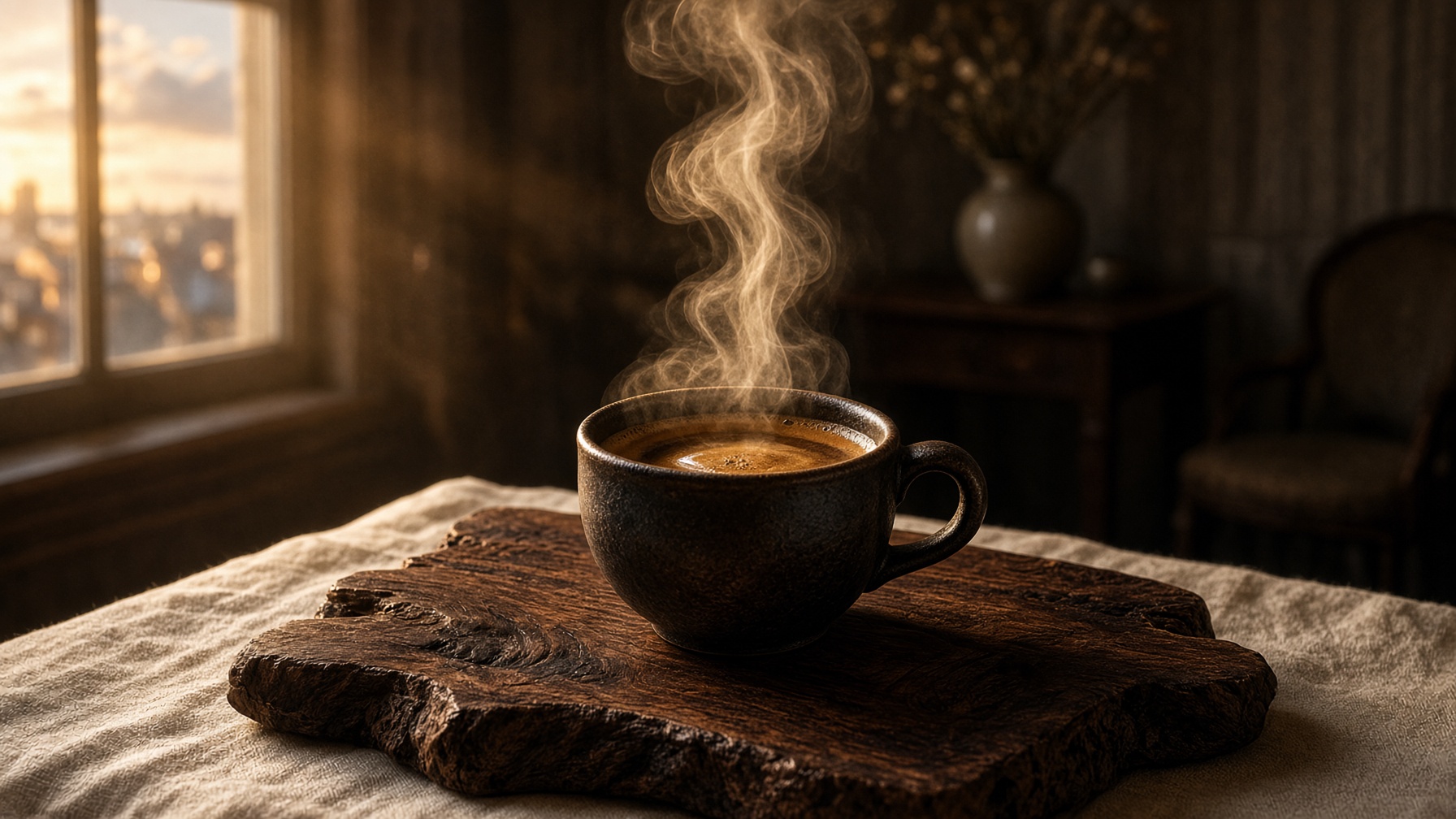 Espresso in een donker keramisch kopje, stoom in het raamlicht